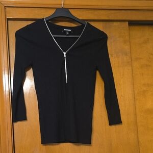 Express Black Ribbed Zip-Front Long Sleeve Top with Silver Zipper